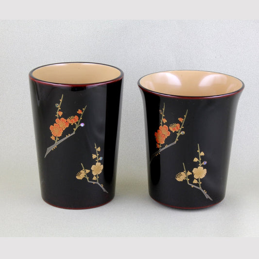 Kato Lacquerware: Wajima Lacquerware Pair of Red and White Plum Blossom Maki-e