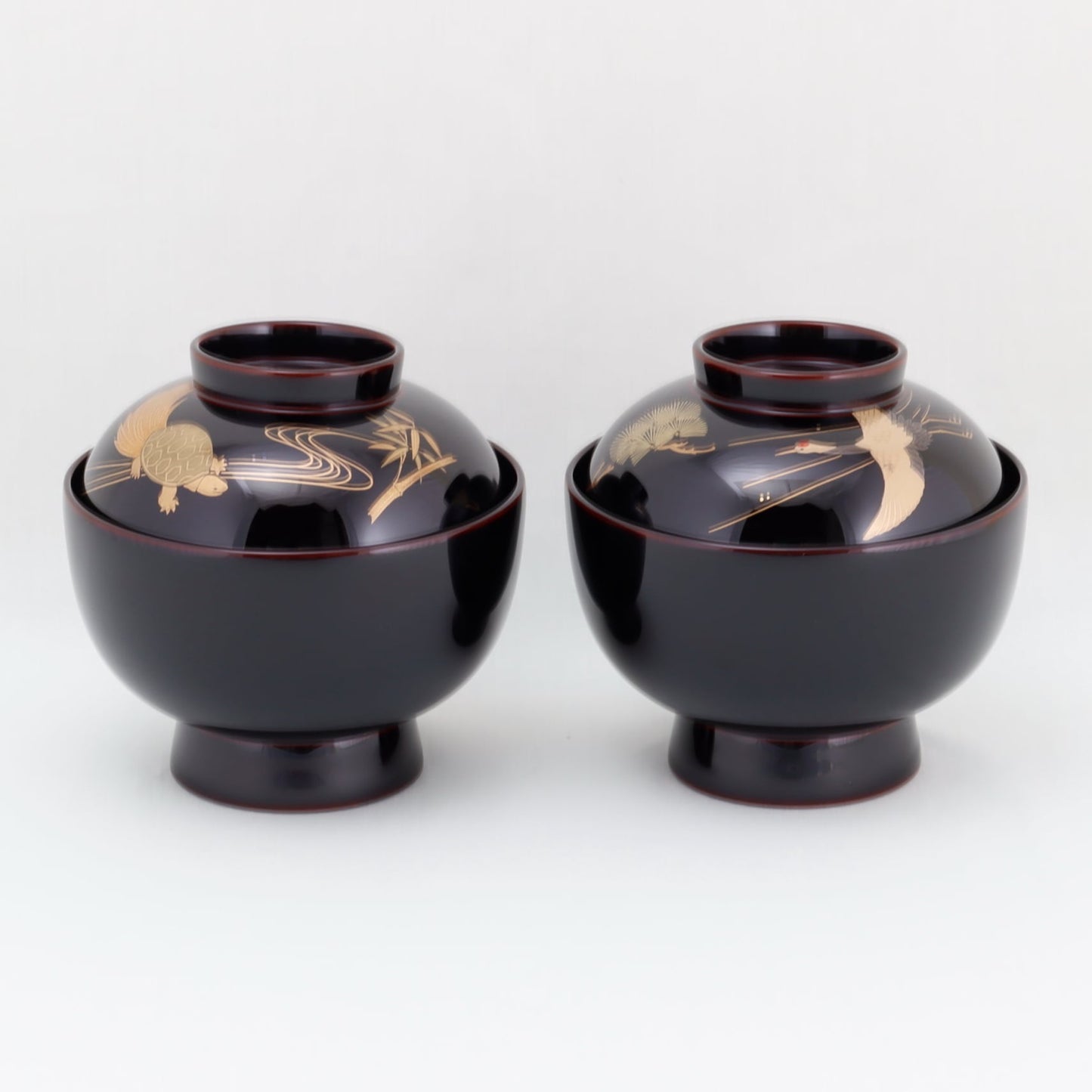 Kato Lacquerware: Wajima Lacquerware Couple's Zoni Bowl Set "Crane and Tortoise" with Pine, Bamboo and Plum Maki-e