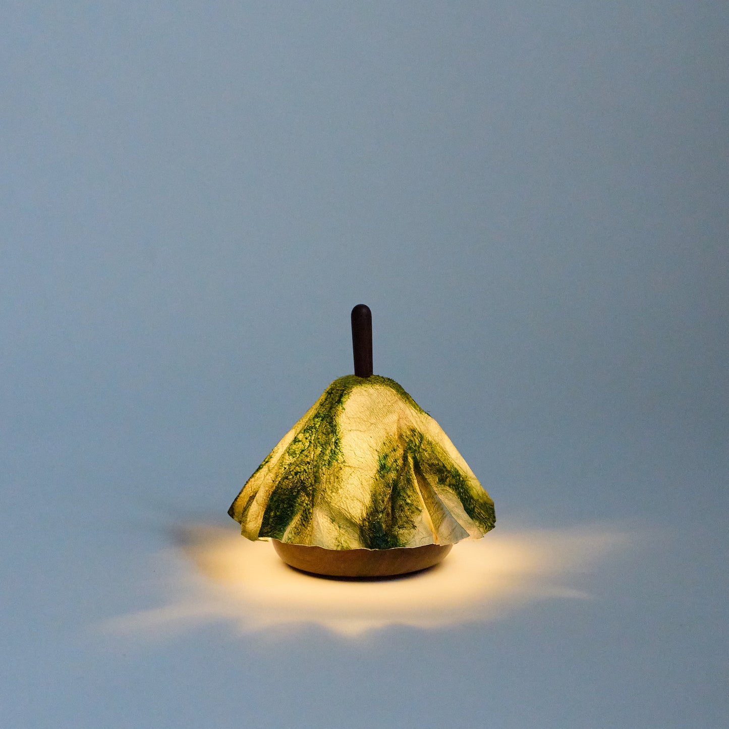 Sangenshi Kikuoka: Shami Lantern Portable Lamp – Striped Ebony x Leather (kangaroo) Colored in Green