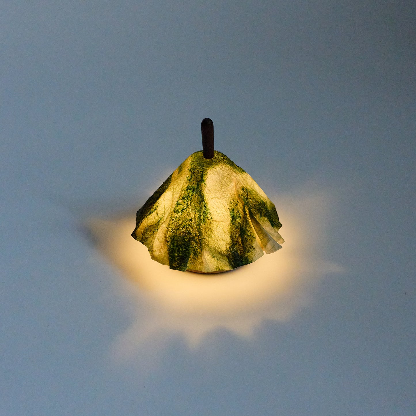 Sangenshi Kikuoka: Shami Lantern Portable Lamp – Striped Ebony x Leather (kangaroo) Colored in Green