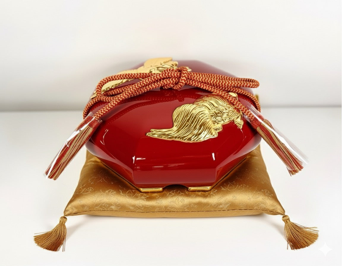 Sato Mokko: Tsuru-Kame Tamatebako Treasure Box in Red Lacquer