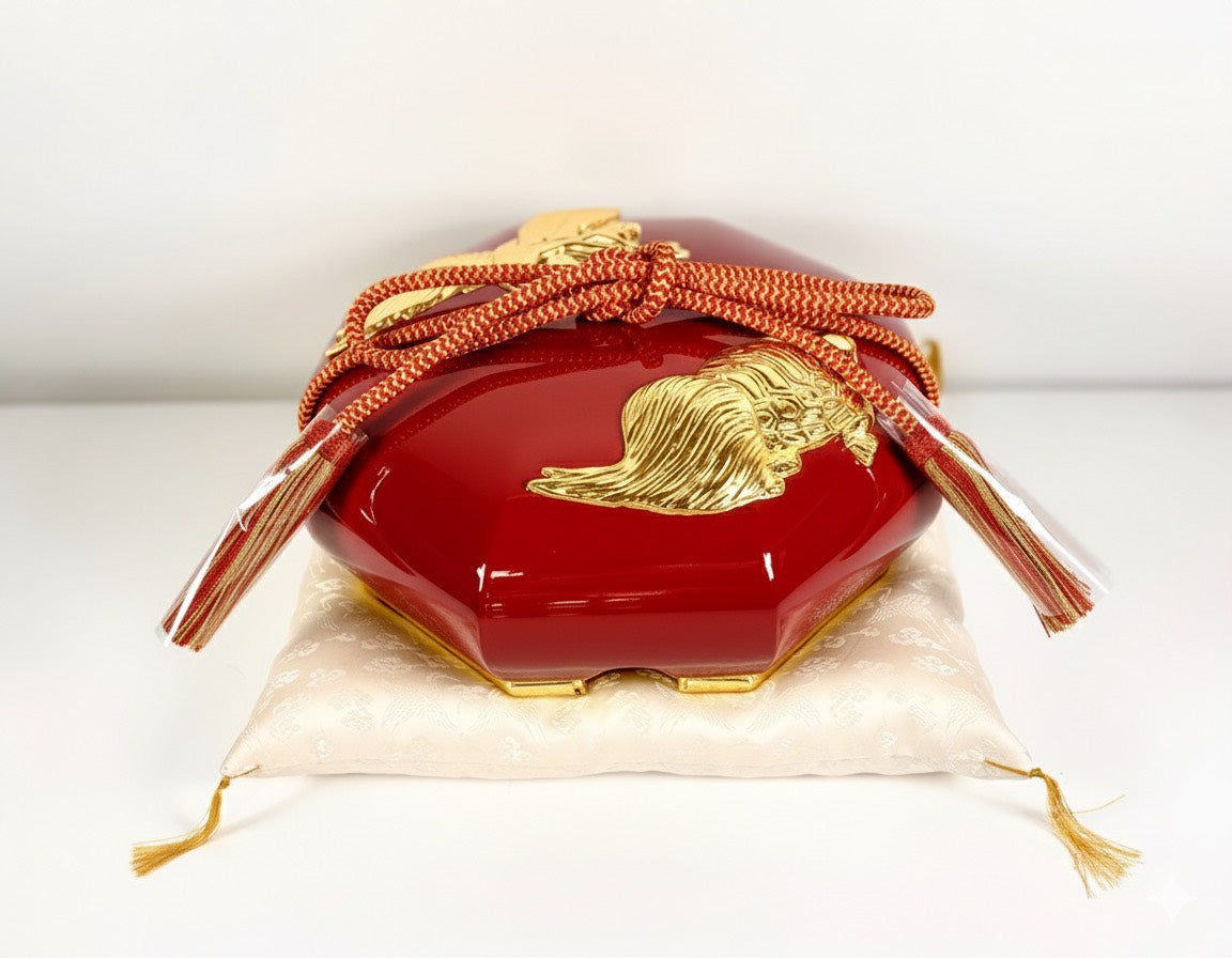 Sato Mokko: Tsuru-Kame Tamatebako Treasure Box in Red Lacquer