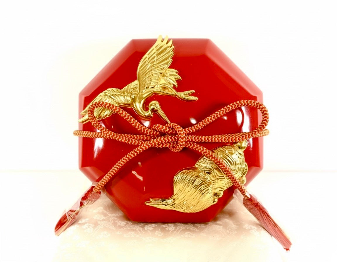 Sato Mokko: Tsuru-Kame Tamatebako Treasure Box in Red Lacquer