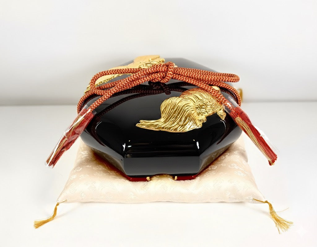 Sato Mokko: Tsuru-Kame Tamatebako Treasure Box in Black Lacquer