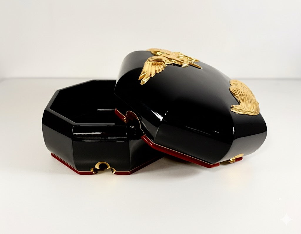 Sato Mokko: Tsuru-Kame Tamatebako Treasure Box in Black Lacquer