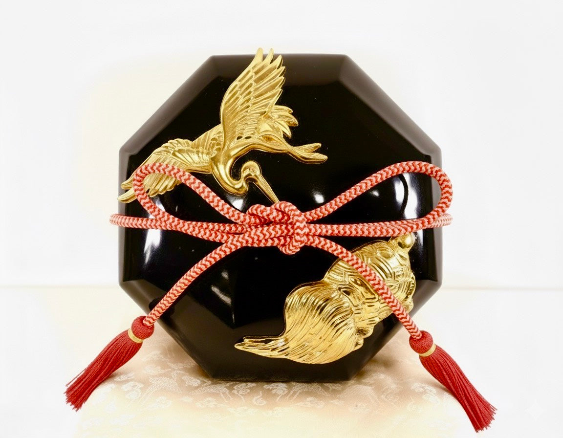 Sato Mokko: Tsuru-Kame Tamatebako Treasure Box in Black Lacquer