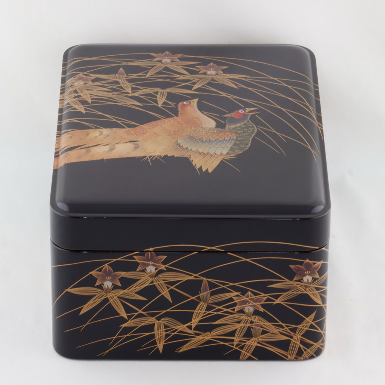 Kato Lacquerware: Wajima Lacquerware Letter Box with Lid — Black Lacquer with Pheasant Maki-e