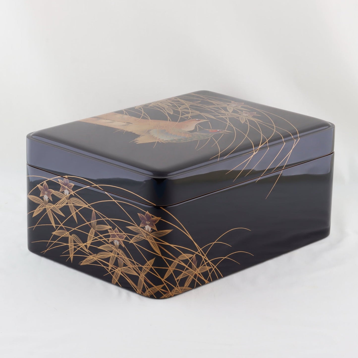 Kato Lacquerware: Wajima Lacquerware Letter Box with Lid — Black Lacquer with Pheasant Maki-e