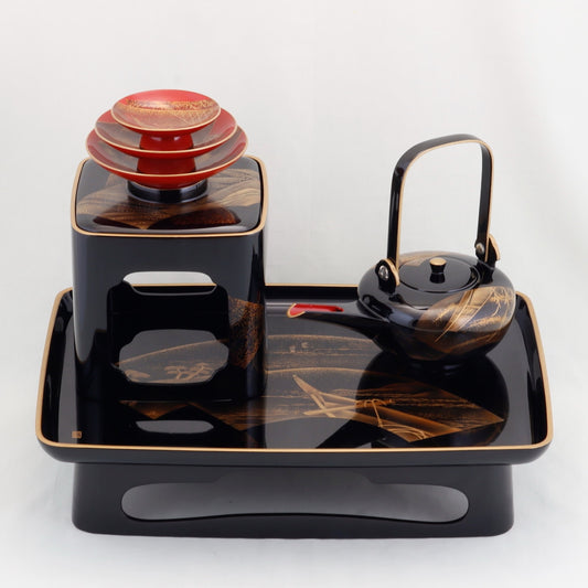 Kato Lacquerware: Wajima Lacquerware Toso Set – Bulging Body Form with Fan and Towed Boat Maki-e