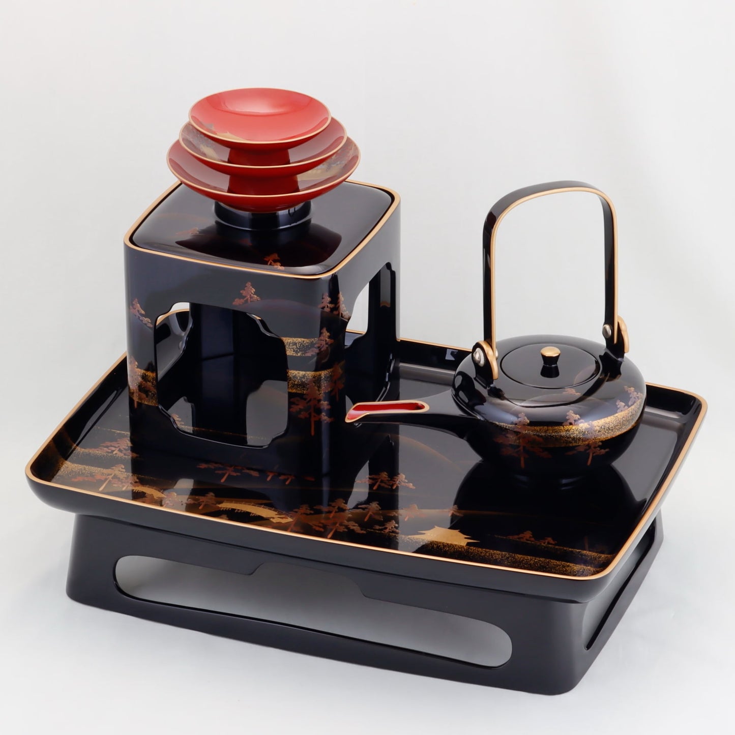 Kato Lacquerware: Wajima Lacquerware Toso Set – Bulging Body Form with Landscape Maki-e