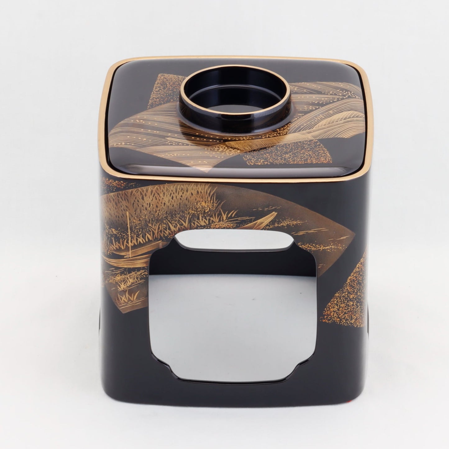 Kato Lacquerware: Wajima Lacquerware Toso Set – Bulging Body Form with Fan and Towed Boat Maki-e