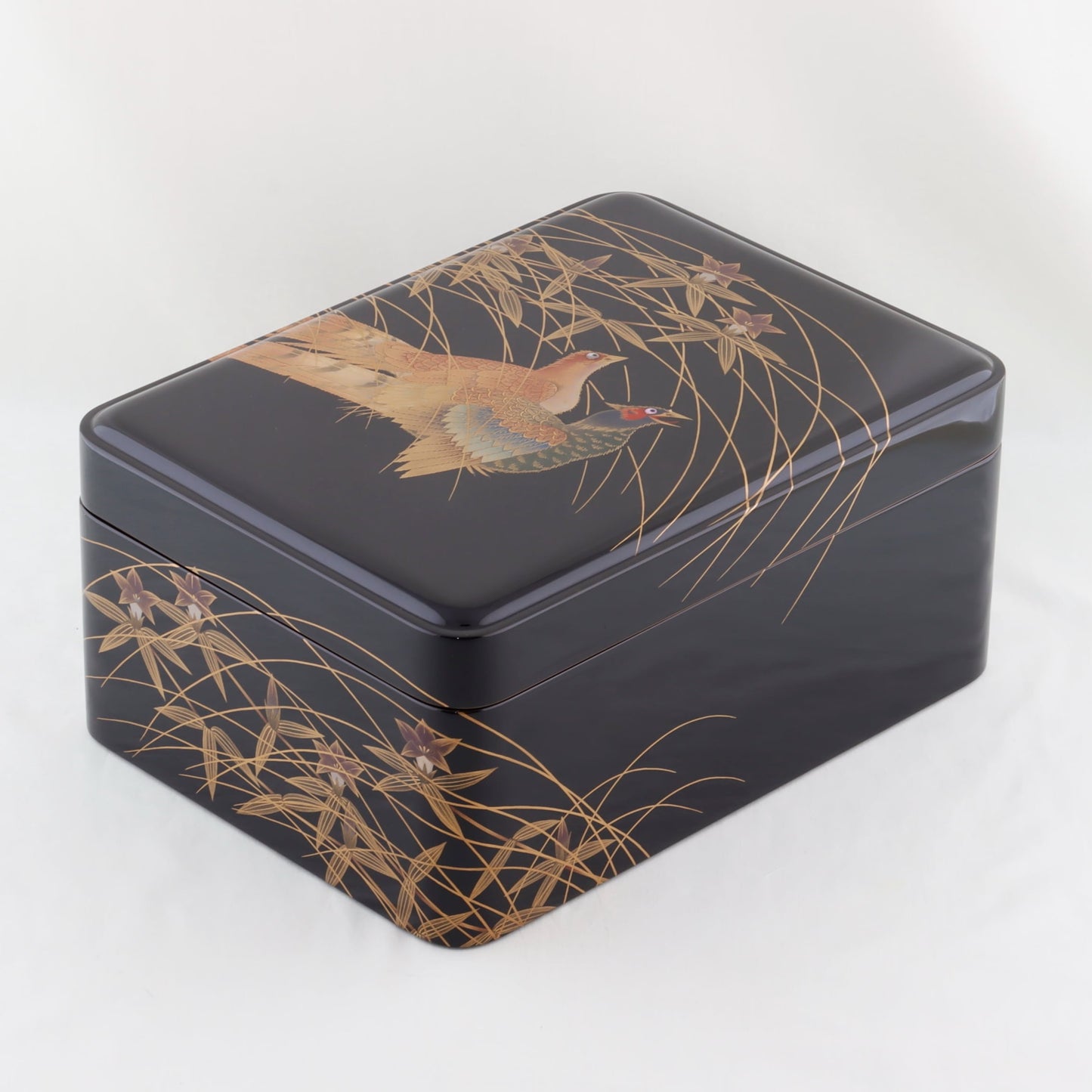 Kato Lacquerware: Wajima Lacquerware Letter Box with Lid — Black Lacquer with Pheasant Maki-e