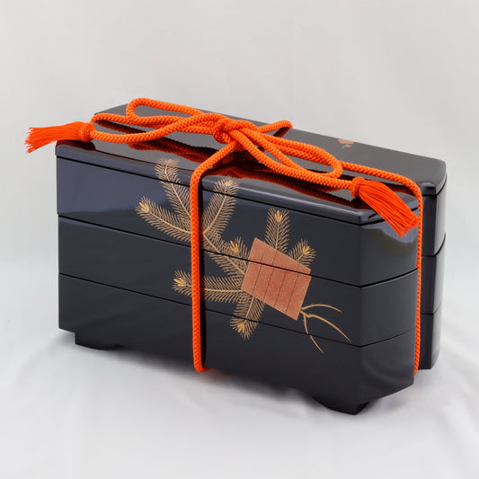 Kato Lacquerware: Wajima Lacquerware Musubi Jubako Tiered Box — Black Exterior and Vermilion Interior Lacquer Finish
