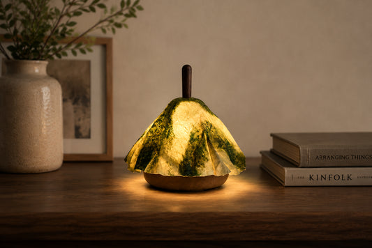 Sangenshi Kikuoka: Shami Lantern Portable Lamp – Striped Ebony x Leather (kangaroo) Colored in Green